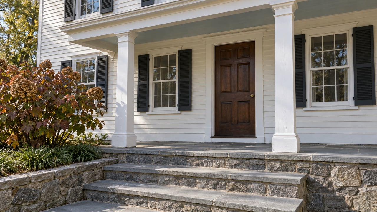 White clapboard home with paired porch columns, a dark oak front door and worn bluestone steps beside autumn oakleaf hydrangea.