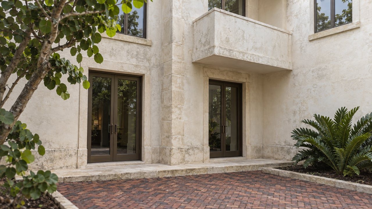 Two-story cream stucco building with a balcony, two upper windows, and separate ground-floor glass entry doors.