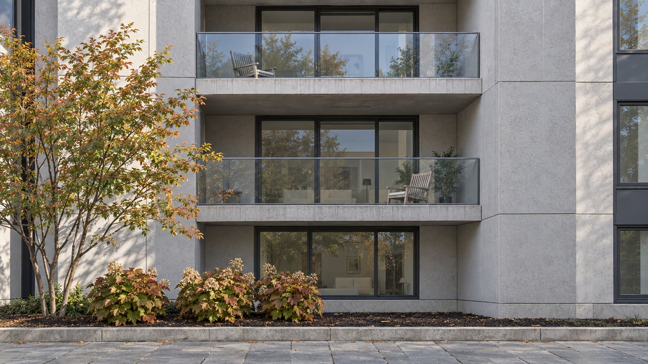 Two stacked glass-fronted condominium balconies above a planted setback with autumn serviceberry leaves and oakleaf hydrangeas.