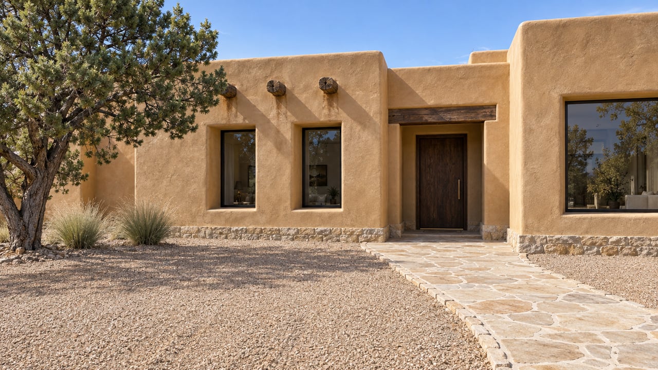 Warm plaster home with stepped parapets, a recessed wood entry, and a flagstone approach across a spacious gravel forecourt beneath a mature pinyon pine.