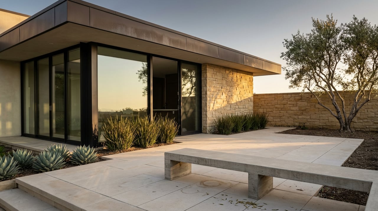 Home terrace with pale pavers, concrete bench, glass doors, stone wall, and backlit olive tree.