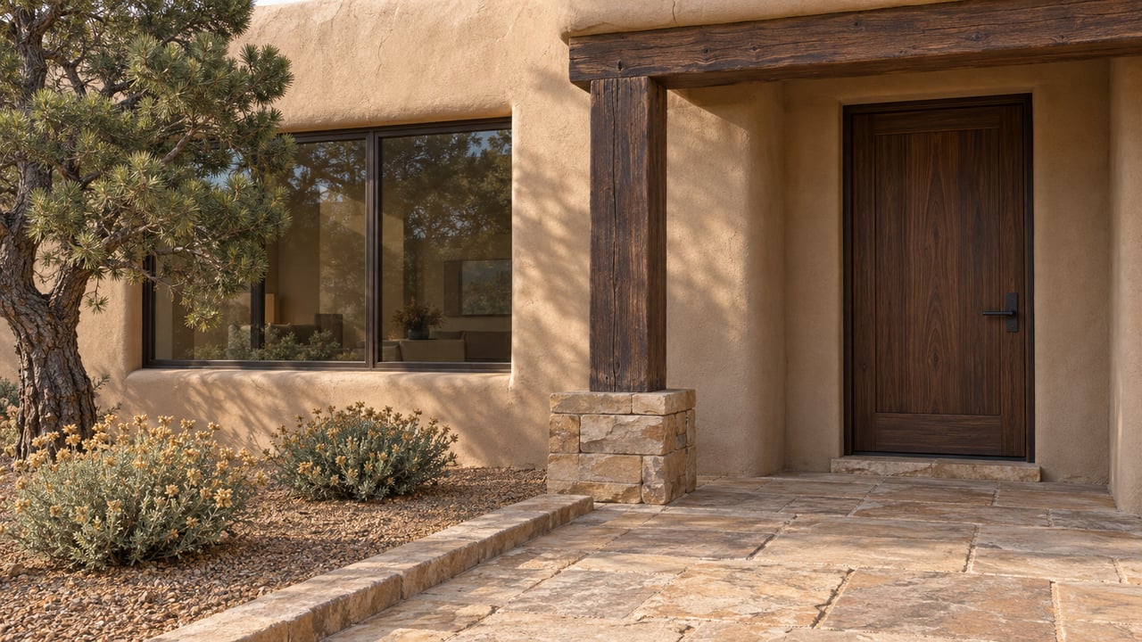 Close view of a sand-tan stucco home's shaded walnut entrance, sandstone approach, and sculptural pinyon pine in a gravel planting bed.