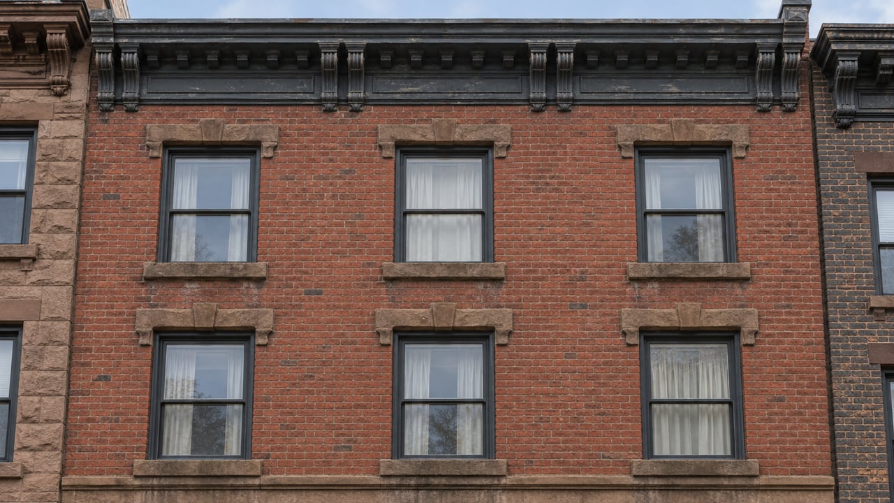 Upper stories of a weathered red-brick apartment house with sandstone window trim and a dark projecting cornice.