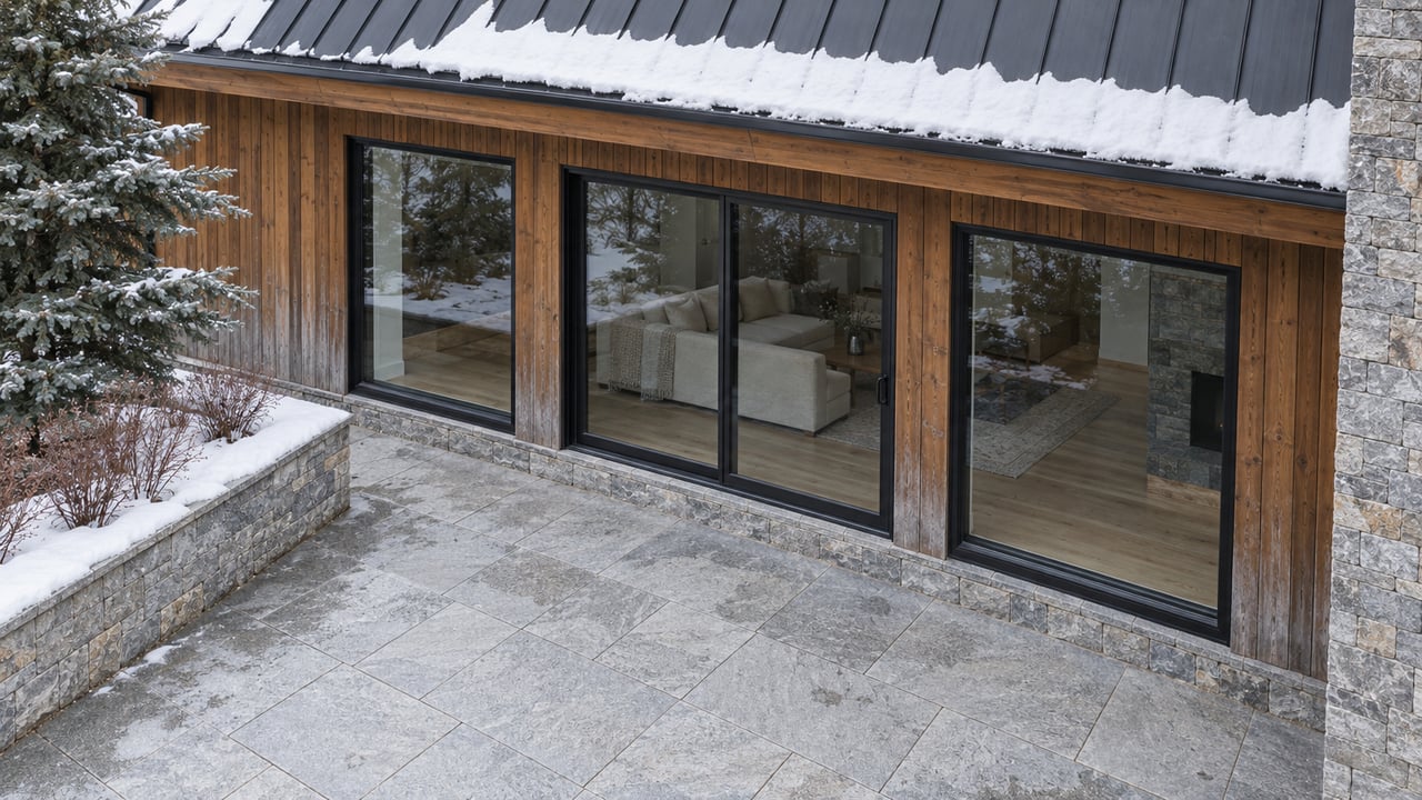 Snow-capped gabled home with warm wood siding, gray stone, black-framed glazing and a cleared granite terrace beside a planted stone curb.