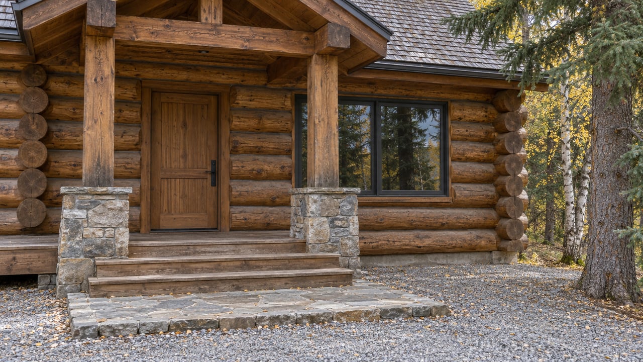 Weathered log home entry with a covered timber porch, broad steps, stone landing and yellow birch leaves beside a mature spruce.