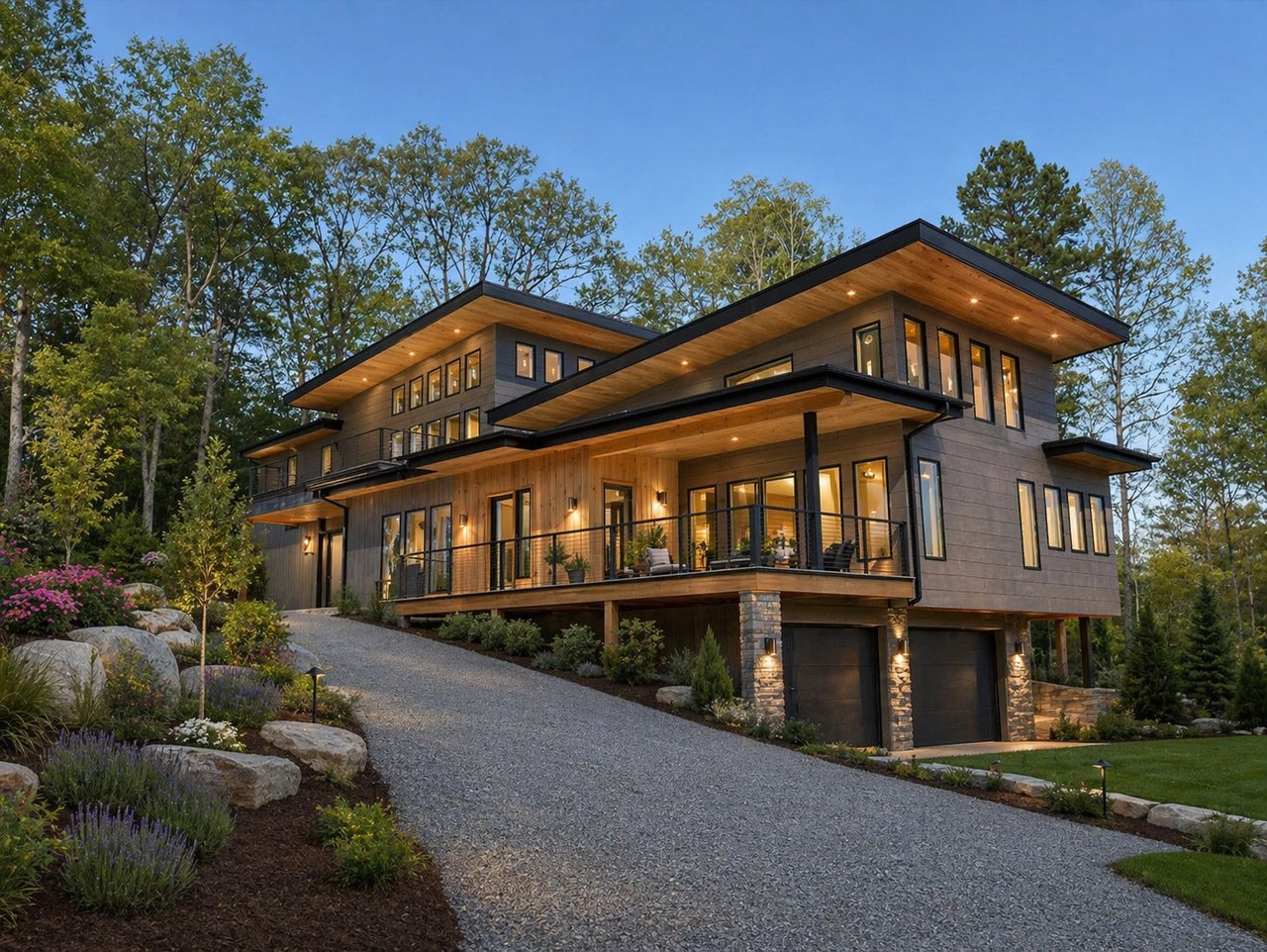 Luxury modern mountain home concept at River Green Condominiums in Franklin North Carolina featuring contemporary architecture, large outdoor decks, floor-to-ceiling windows, wooded mountain setting, upscale landscaping, and mountain chic design in Western North Carolina.
