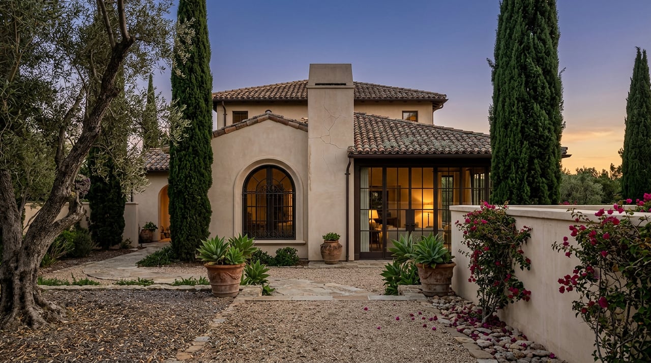 Mediterranean estate at dusk, with cypress trees, a gravel path, and a warmly glowing glass wing.