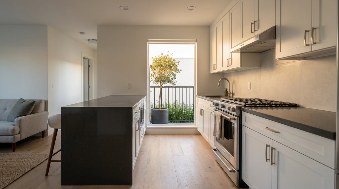Contemporary condo kitchen with a charcoal waterfall island, white cabinetry, and a balcony olive tree in the window.