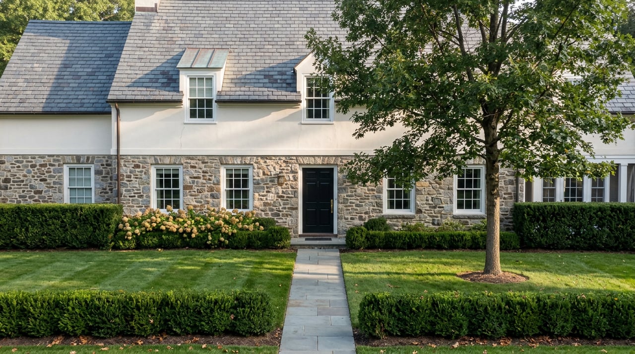 A bluestone walkway crosses a manicured lawn to a stone-and-stucco house with clipped hedges and a slate roof.