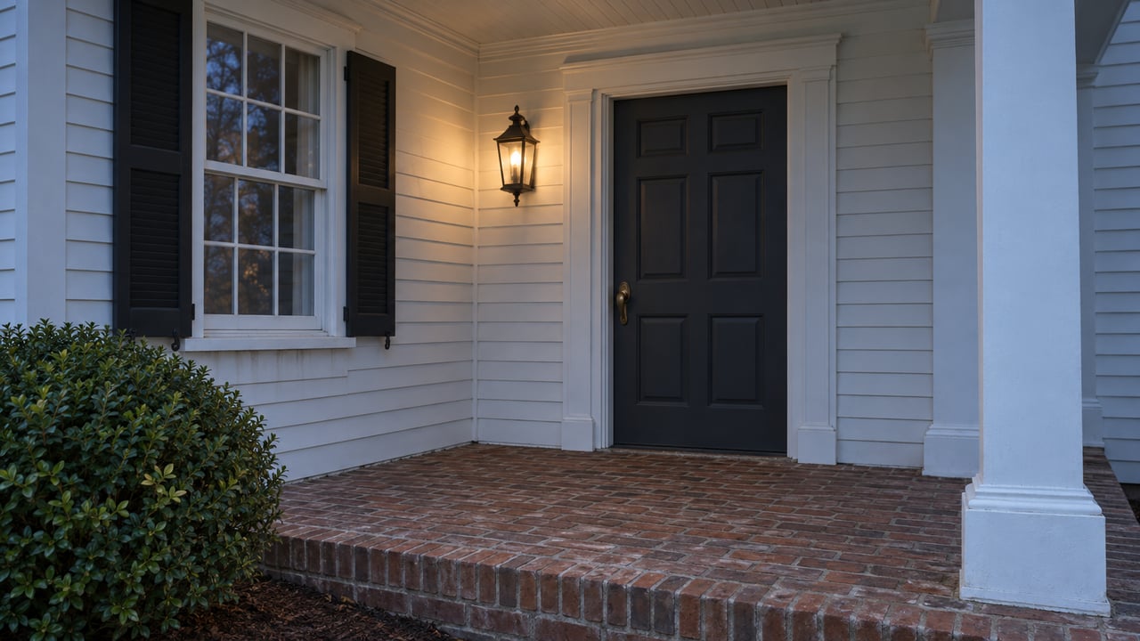 White clapboard front porch with a charcoal door, shuttered window, warm lantern, and weathered brick floor at dusk.