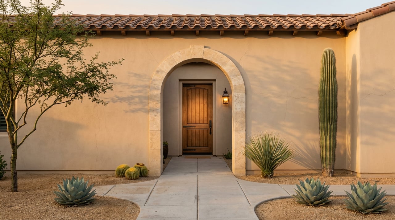 Sand-stucco home with an arched courtyard entry, walnut door, glowing lantern, desert plants, and curving paver path.