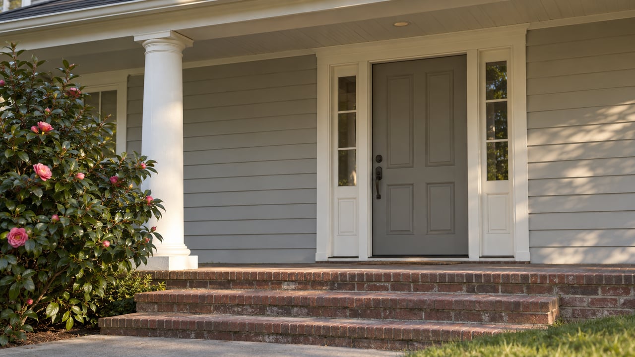 White porch column beside a paneled gray entry door, brick steps, and a camellia shrub.