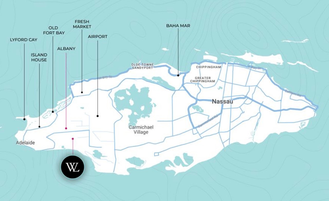 Map showing Windsor Lakes' location in Nassau, Bahamas near Albany, Adelaide Village, Lyford Cay, and Old Fort Bay