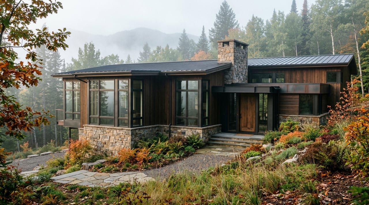 Mountain-modern home with charcoal siding, fieldstone base, black metal roof, and timber entry beneath autumn trees.