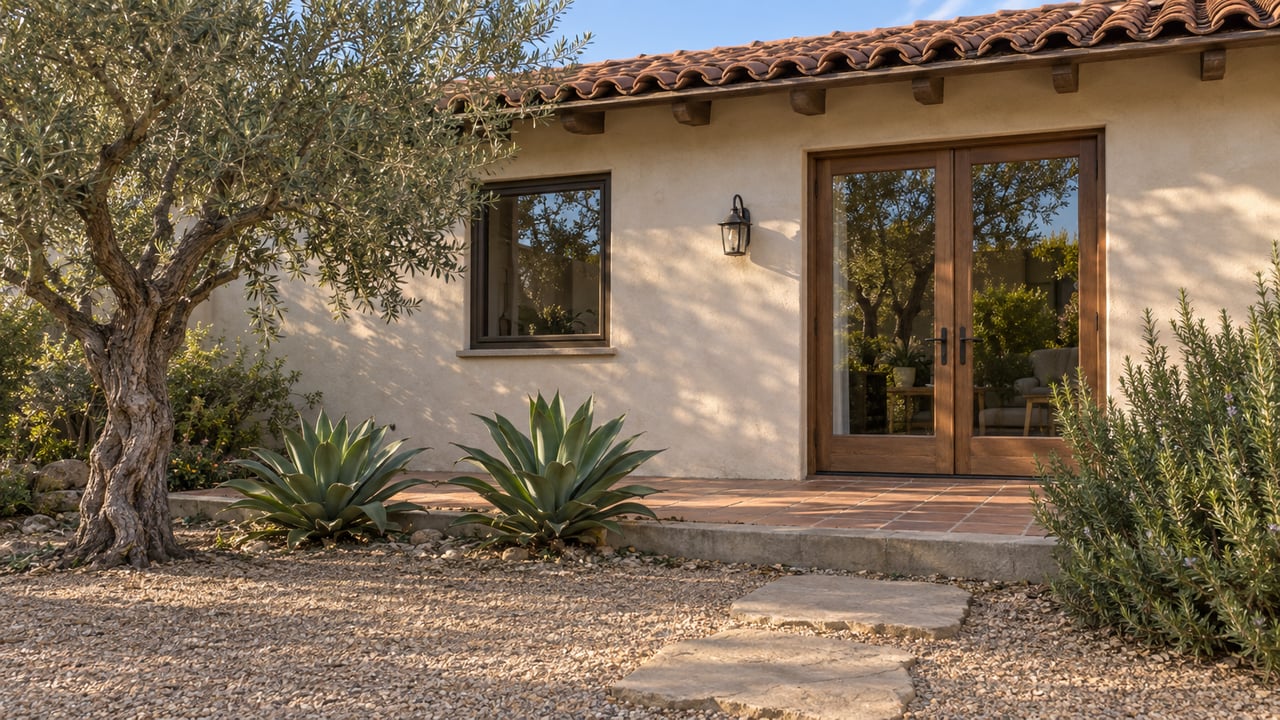 Suburban stucco house with clay-tile roof, glazed patio doors, and an olive tree beside a gravel garden.