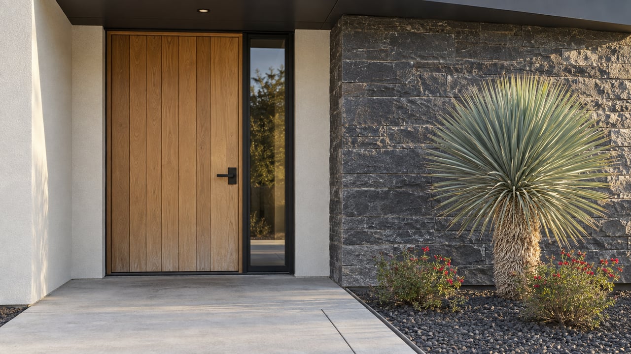 Contemporary home entry with a warm wood door, black-framed sidelight, dark limestone pier and sculptural yucca beside a concrete walk.