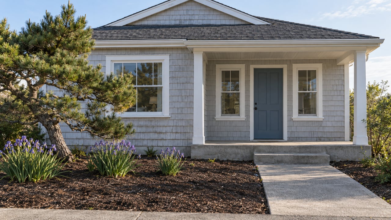 A light gray shingled cottage with a blue front door, covered porch and wind-shaped pine in morning sunlight.