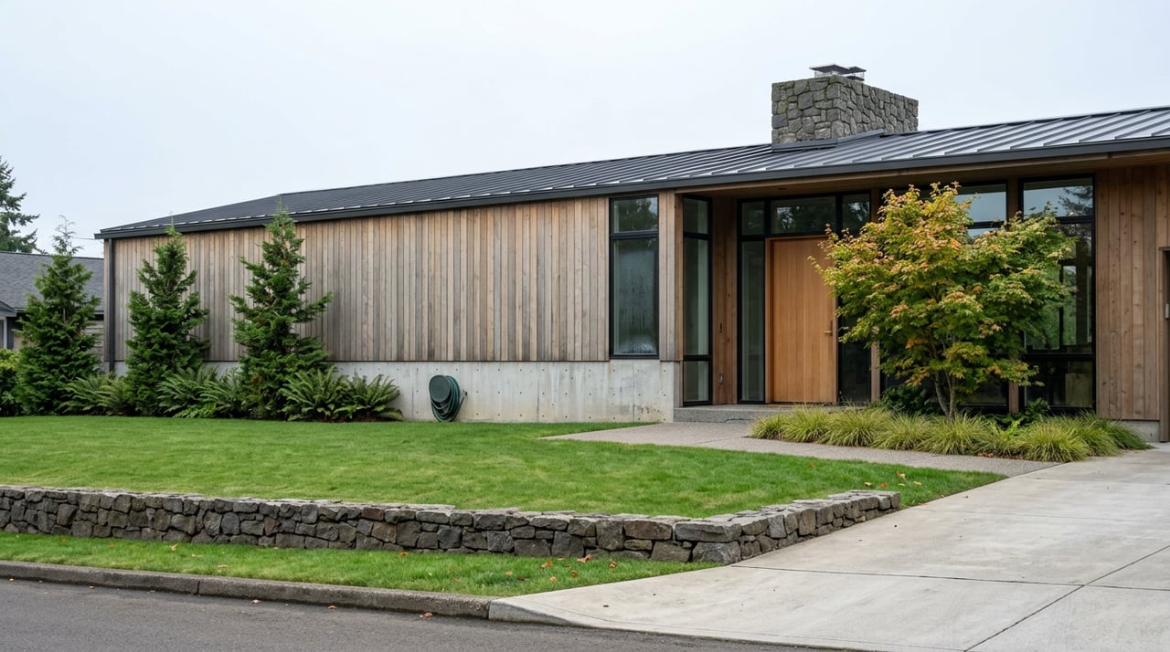 Custom home with honey-gray cedar siding, basalt chimney, broad lawn, and stone wall along the street.