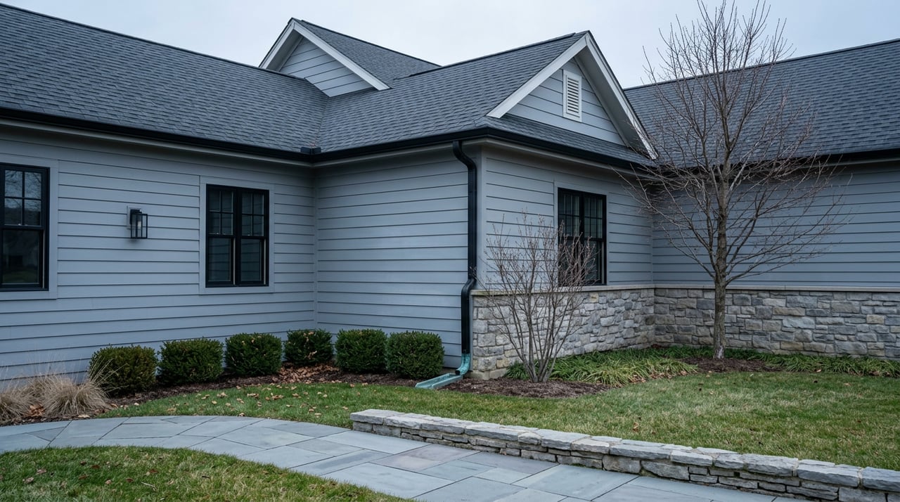 Gray-blue house beside a curved paver path, low stone wall, lawn, and bare-branched tree.
