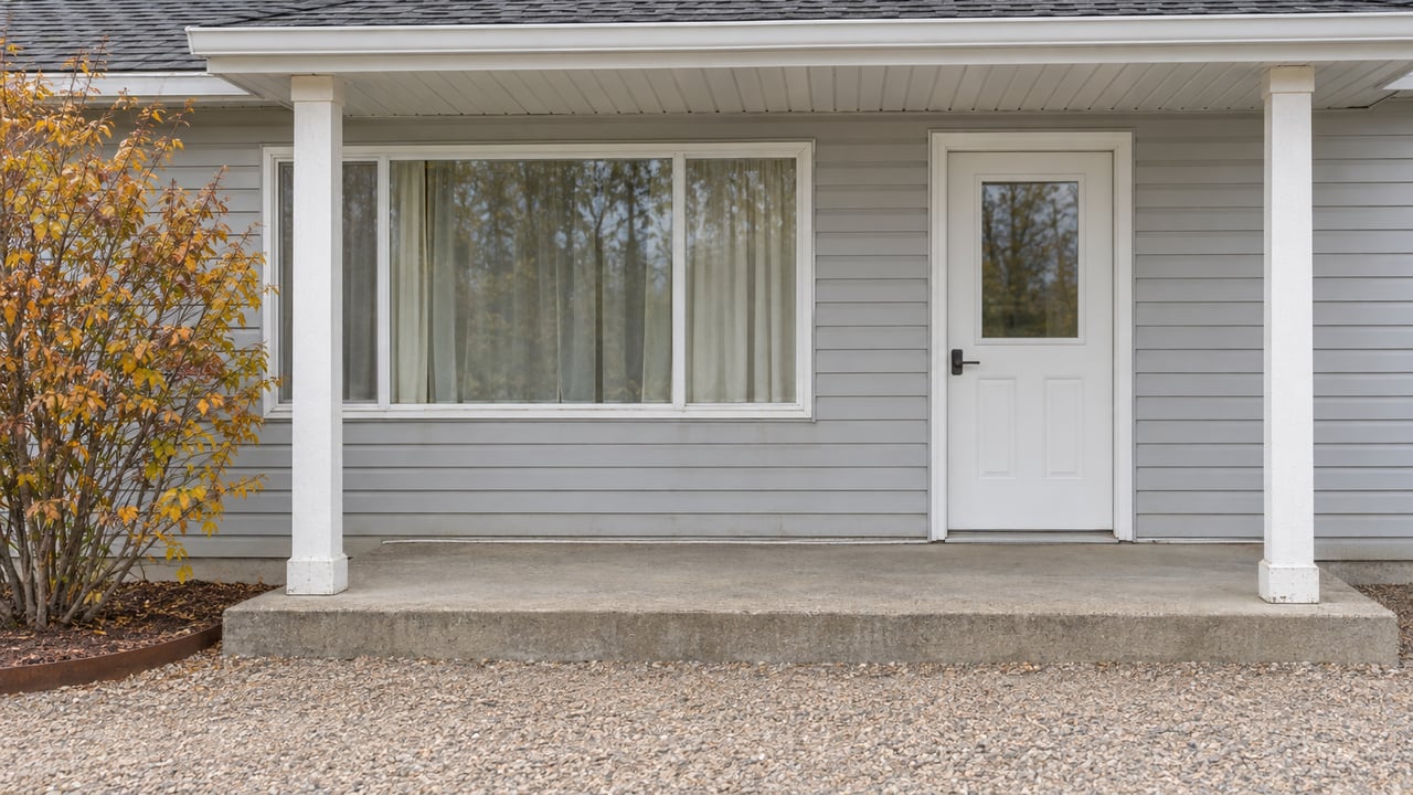 A modest gray-sided home's covered entry with a white door, picture window, weathered concrete landing and autumn serviceberry.