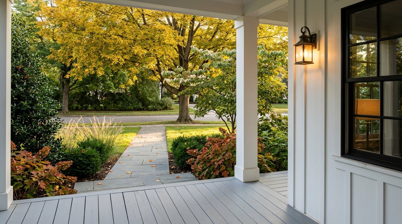 Gray porch steps lead to a flagstone walk beneath a golden autumn canopy, beside a bronze sconce.