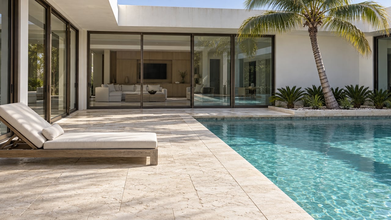 Sunlit limestone terrace and turquoise pool beside a white stucco home with bronze-framed glass doors and a mature coconut palm.