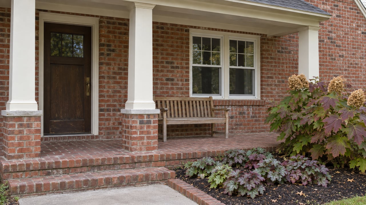 Traditional brick home's covered porch with a stained wood entry door, paired windows, a teak bench and autumn oakleaf hydrangea.