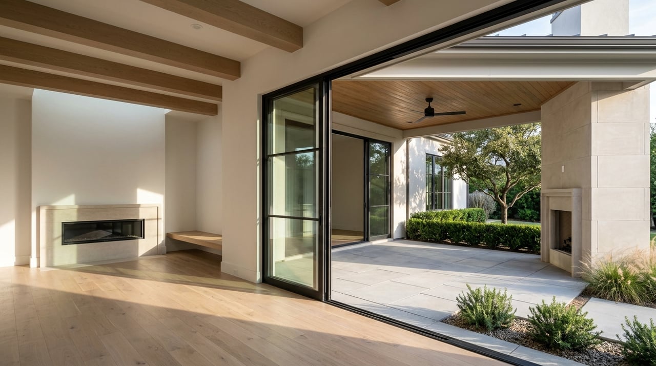 Great room opens onto a covered terrace through black steel doors beneath oak beams.
