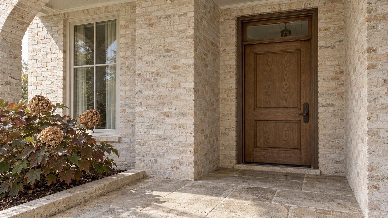 A sheltered arched home entrance with limewashed brick, an oak door, limestone paving and oakleaf hydrangea.