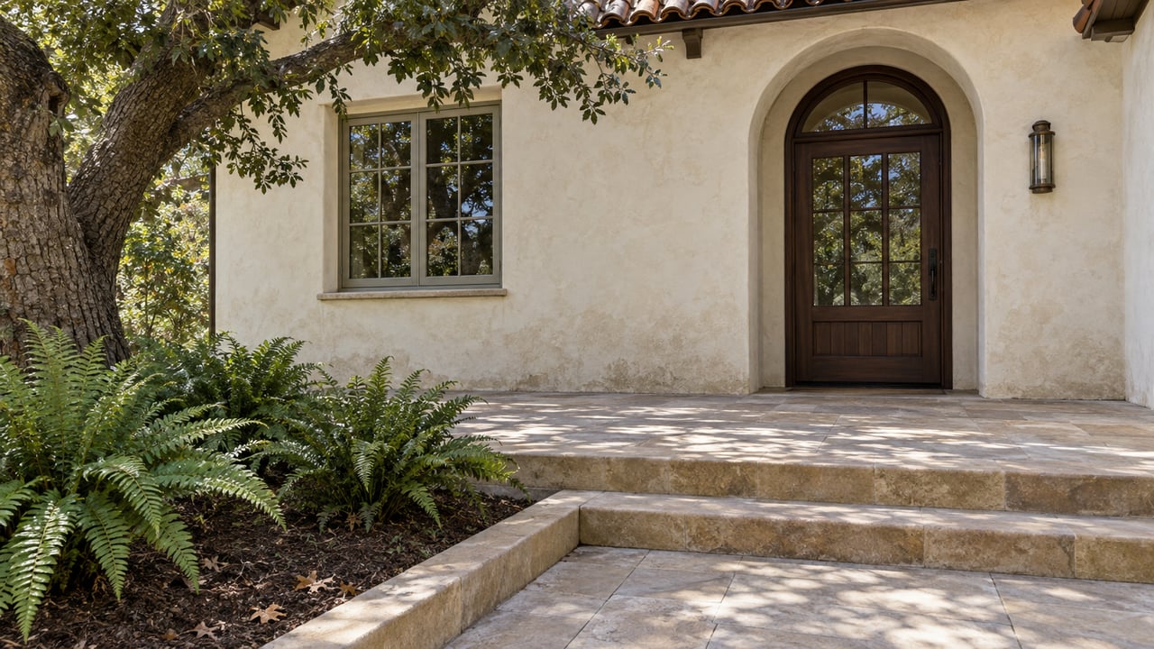 Cream stucco home with an arched glazed oak entrance, sandstone steps, and ferns beneath a mature oak.