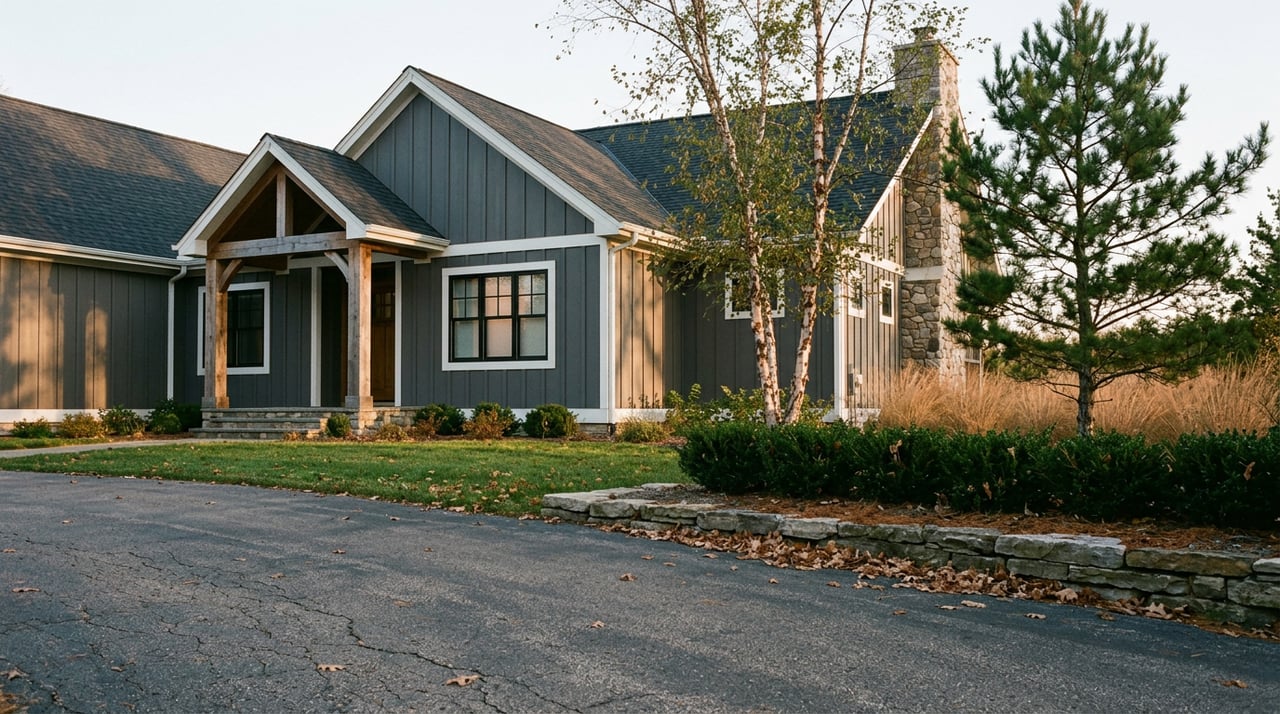 Charcoal-gray home with a cedar timber porch and stone chimney, approached by a leaf-strewn driveway.