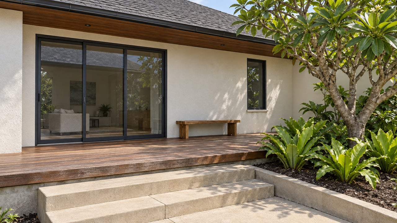 Modern home with a broad wooden deck, concrete steps, and tropical plants.