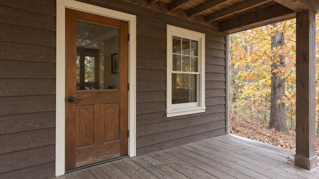Closed glazed entry door and cream-trimmed window on a weathered wood porch, with golden maple foliage beyond its edge.