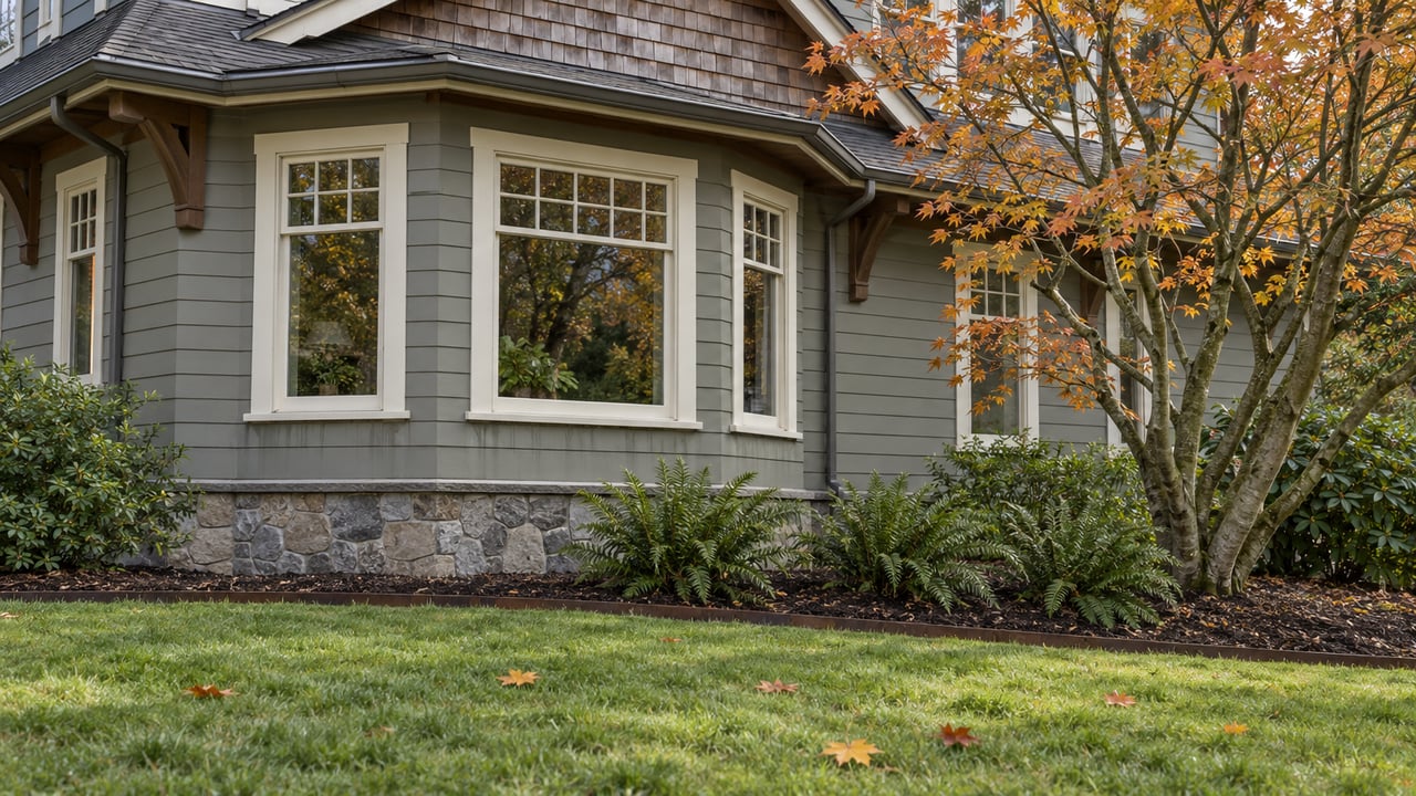 Gray-green gabled home with cedar shingles and a glazed bay beside an amber vine maple, viewed across a damp autumn lawn.