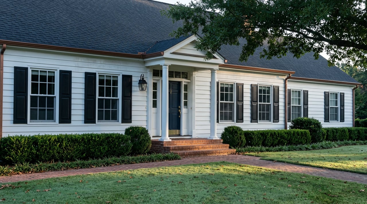 Colonial home with white clapboard, black shutters, brick stoop, and a willow oak overhanging the roof.