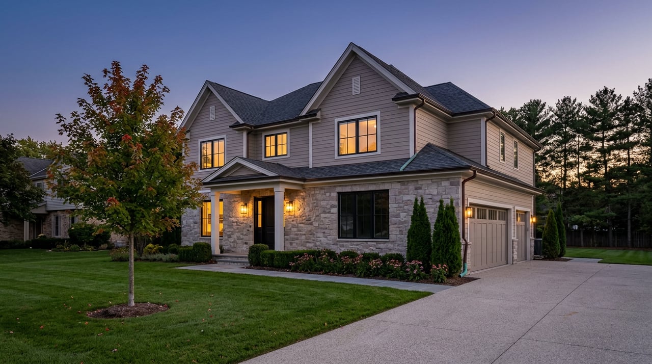 Two-story stone-and-siding home with a three-car garage, glowing windows, and a broad lawn at dusk.