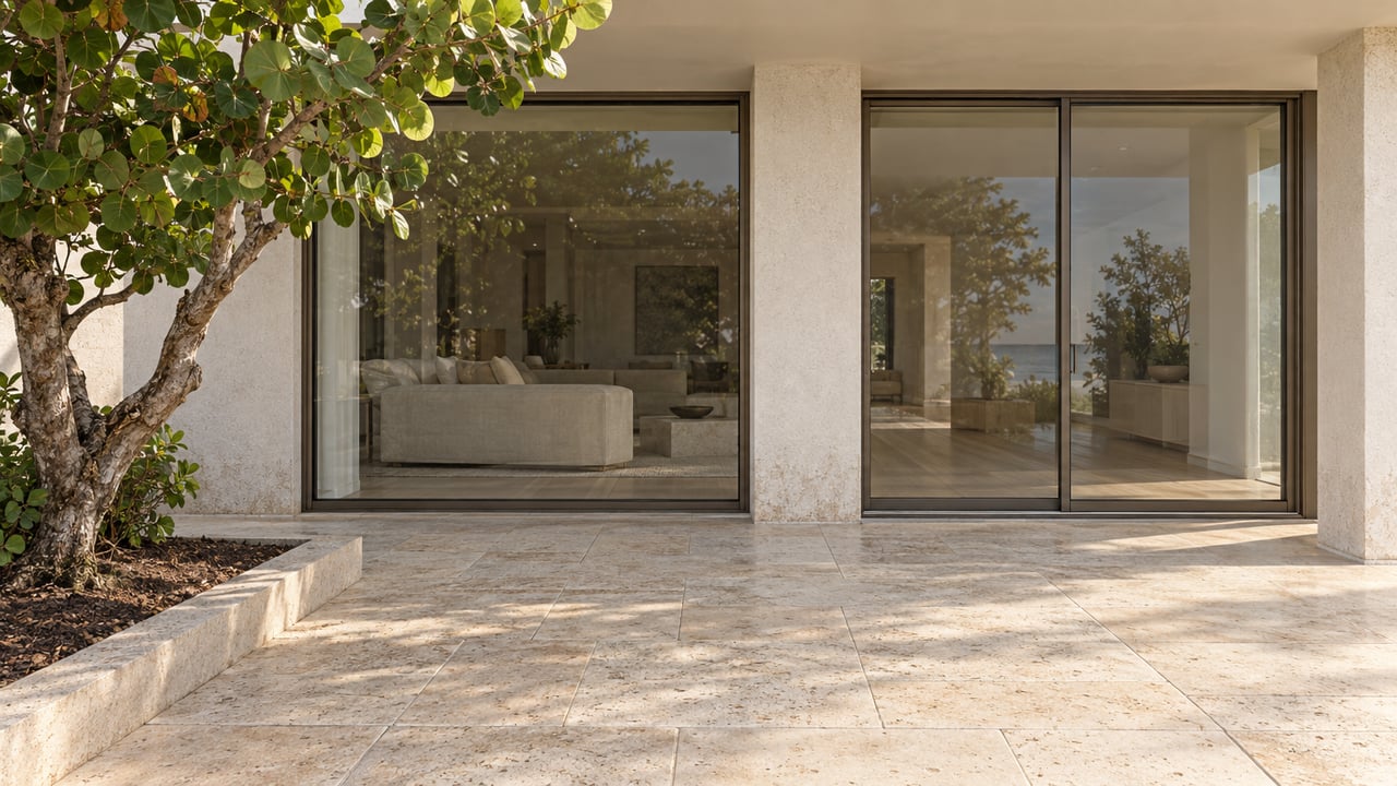 Close view of a pale stucco home's shaded limestone terrace, bronze-framed glass doors and one sculptural sea grape tree.