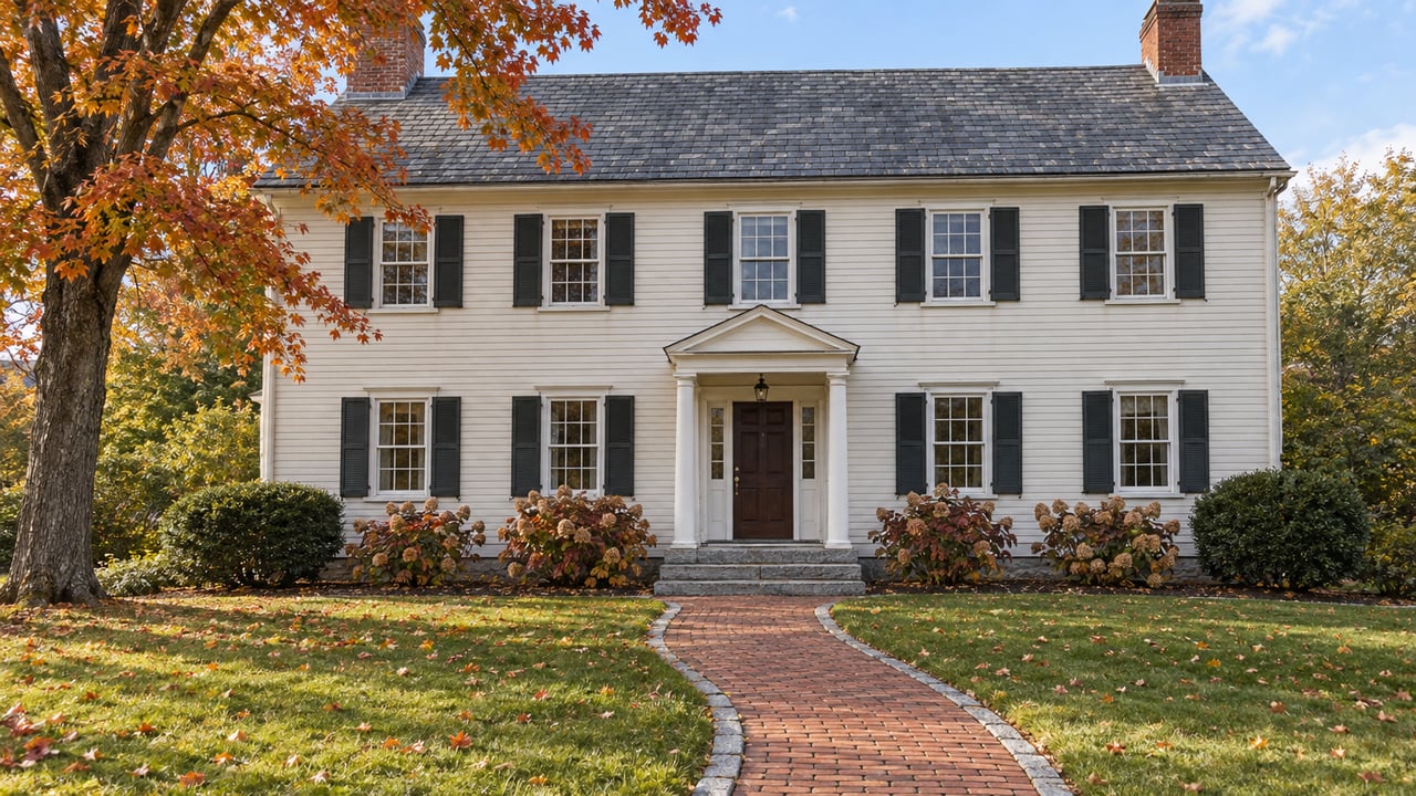 Ivory clapboard home with symmetrical windows, a brick approach and an amber maple above a generous autumn lawn.