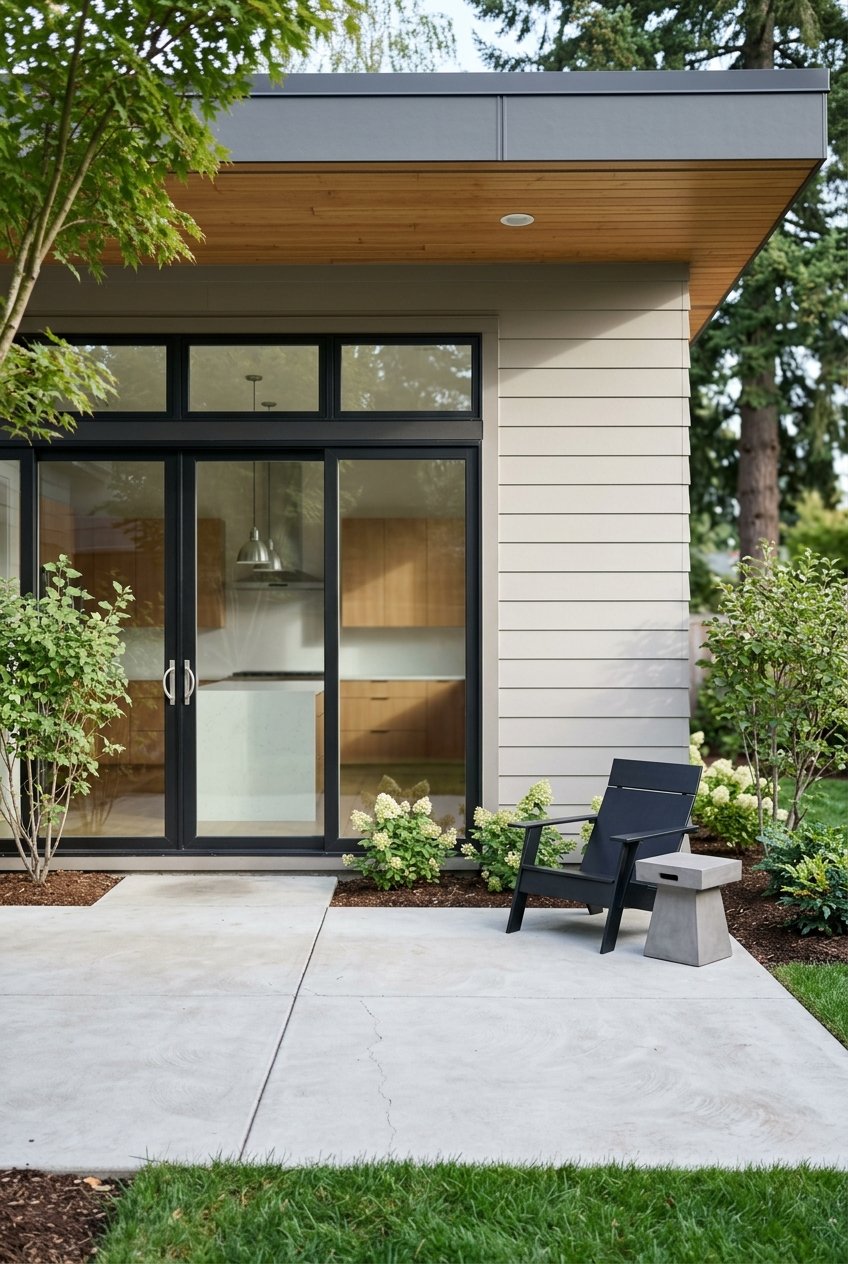 Contemporary patio opening onto a mature, planted yard under overcast skies.
