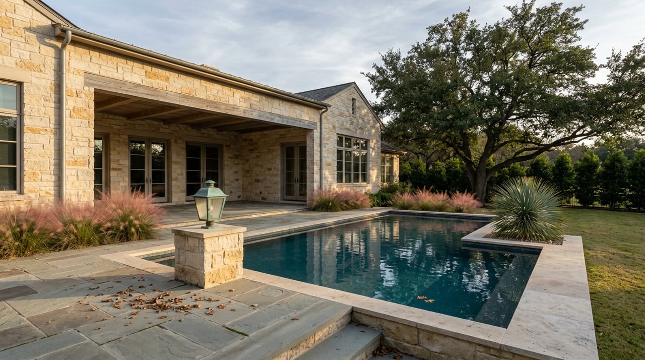 Limestone estate with cedar-beamed loggia overlooking a teal pool, lawn, and spreading live oak.