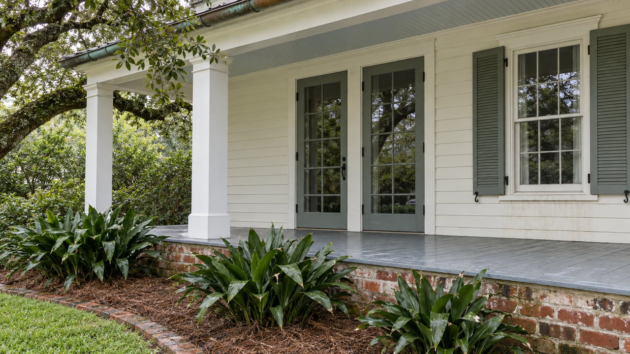 Ivory timber porch with grey-green French doors, weathered blue-grey floorboards and a raised brick foundation beside a planted garden.