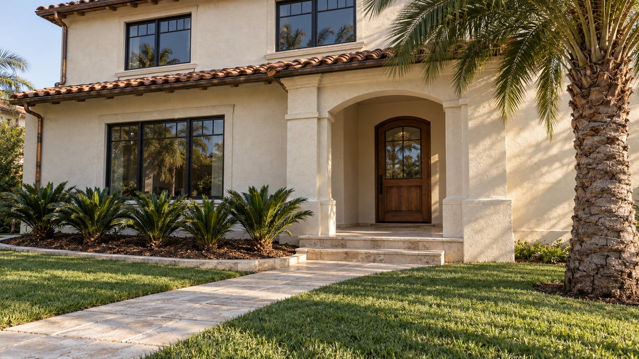 Cream stucco home with black-framed windows, an arched oak entry and a limestone path crossing a palm-planted front garden.
