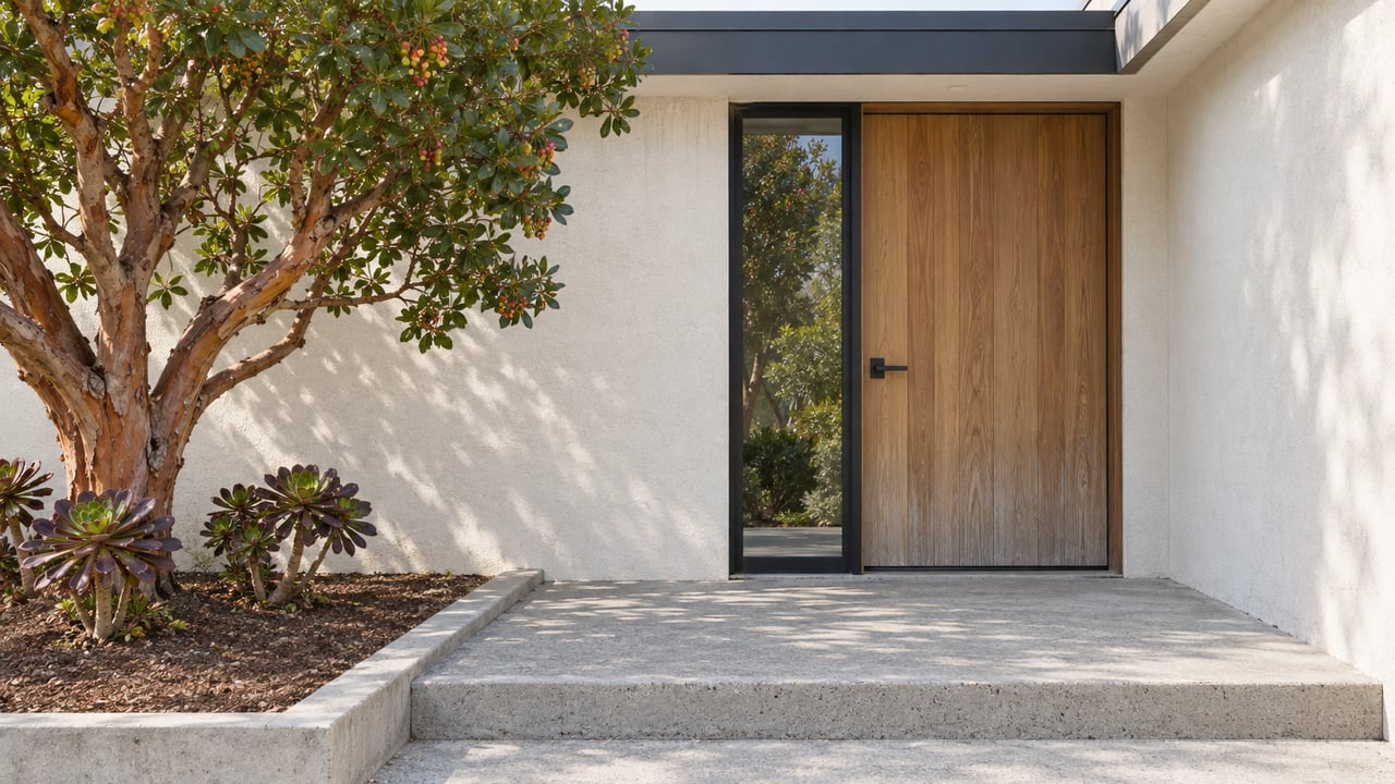 Cedar front door and black-framed sidelight beside pale stucco, with a concrete entry landing and sculptural strawberry tree.