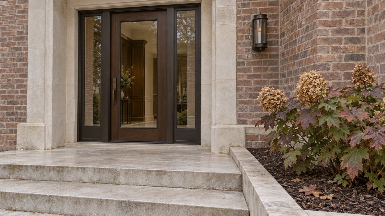 Brick residential entry with limestone steps, a glazed hardwood door, matching sidelights and an oakleaf hydrangea in autumn color.