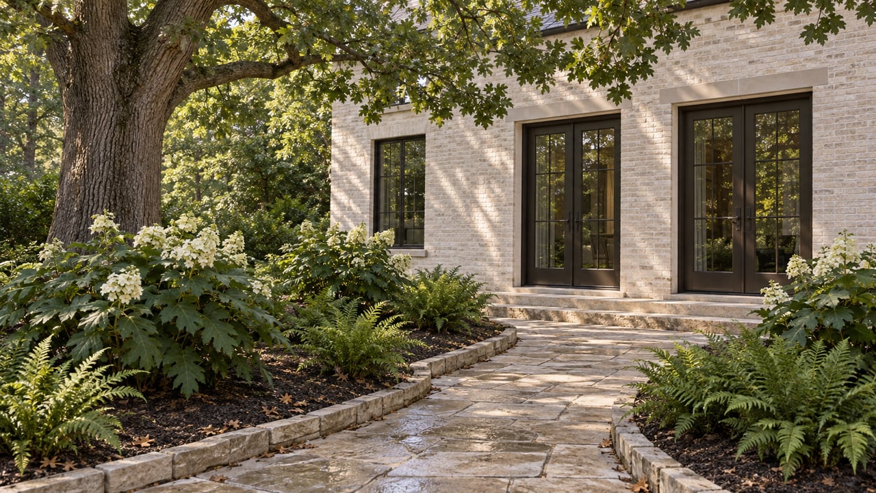 Limestone path curves through oak-shaded garden beds toward French doors in a cream-brick home.