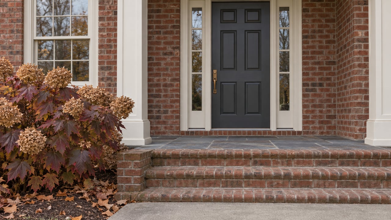Brick house entry with a charcoal six-panel door, bluestone landing, brick steps, and burgundy oakleaf hydrangea.