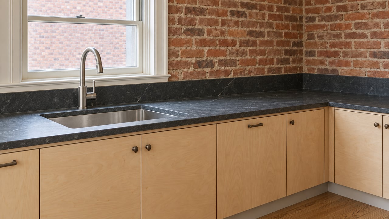 Sunlit home kitchen with light maple cabinets, a charcoal soapstone counter, stainless sink and warm exposed brick.