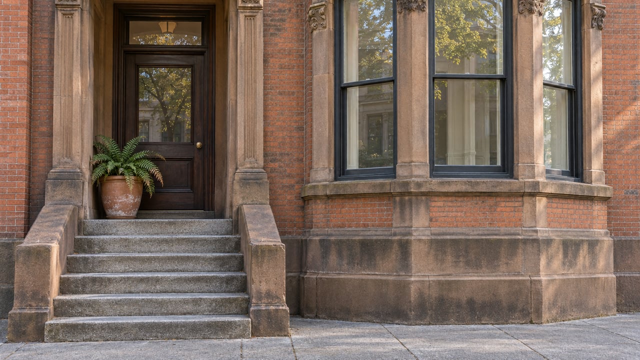 Close architectural photograph of an aged brick rowhouse entrance, granite steps, sandstone surrounds and a projecting glazed bay.