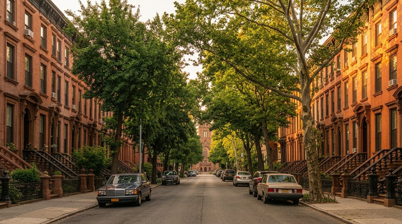 Tree-lined street of brick brownstones with ornate stoops and parked cars in warm evening light.