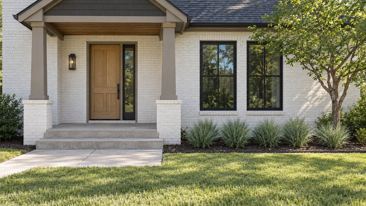 White-painted brick home with a charcoal porch gable, oak front door, paired black-framed windows and a concrete approach bordered by lawn and a small redbud tree.